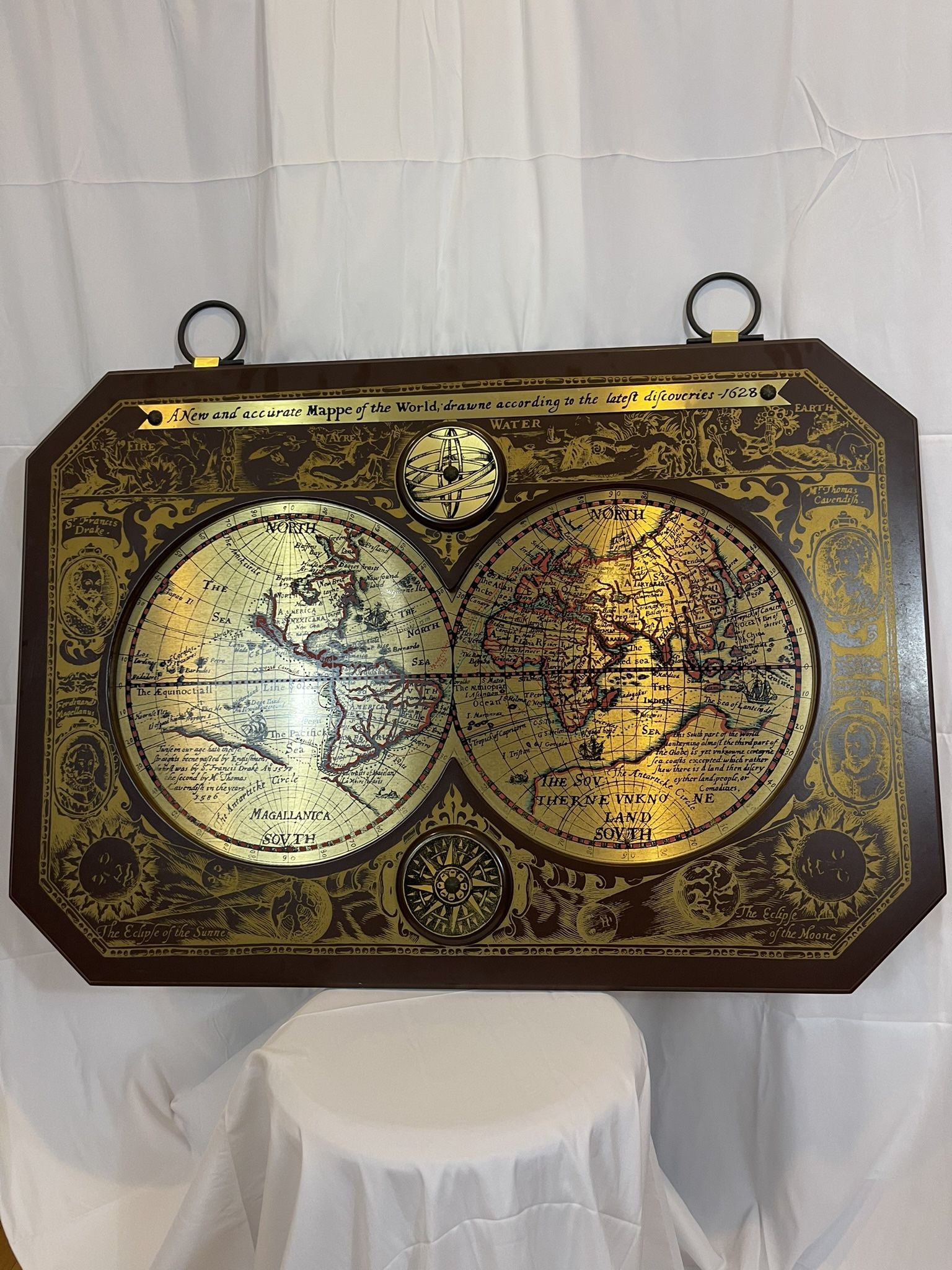 Masketeers Vintage 1964 Large Brass Wood Map Of The World In 1628