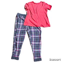 2 pc Cuddl Duds Ultra Plush Fleece Pajama Set Grey/peach Plaid Large