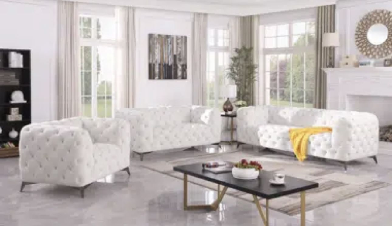 Chesterfield White Microfiber Three Piece Couch Set
