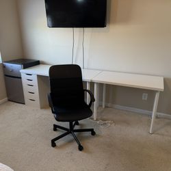 IKEA Table, Office Chair, Whirlpool Refrigerator, Mirror