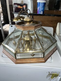 Vintage Mid Century Solid Wood Brass & Beveled Glass Panel 7 Light Chandelier