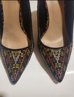 MIX No 6 Black Multi Geometric Print Embroidered Woven 4 Inch Heels- Size 8