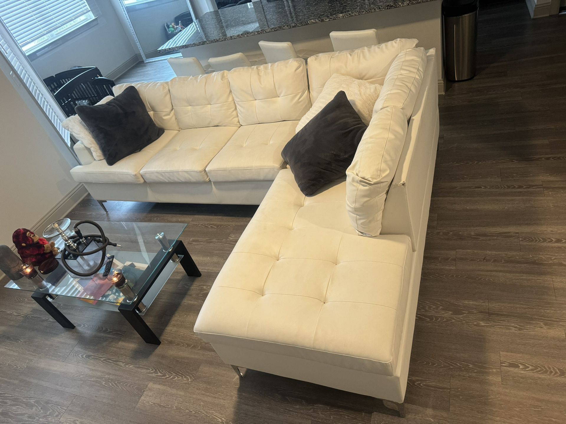 White Leather Sectional And Barstools