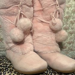 pink fur pom pom boots