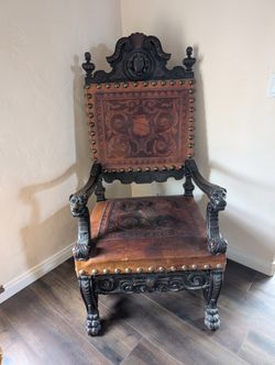 1 Leather Carved Renaissance Kings Chair