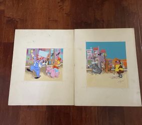 Lot 2 Vtg Original Circus Parade Watercolor Gouache Illustration Boards 1950s