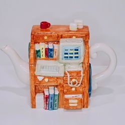 Vintage 1990s Lotus Hand Painted Novelty Teapot Office Desk Teacher Gift Study Room Whimsical Collectible Kitchen Decor