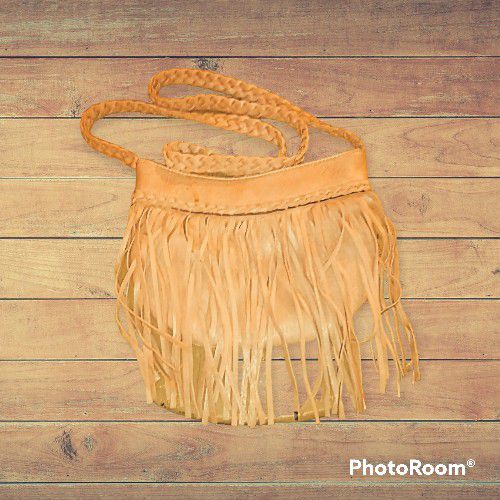 Women's Tan Leather Mellow Works With Fringe Purse