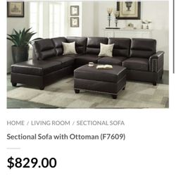 Brown Leatherette Sectional Sofa With Ottoman 