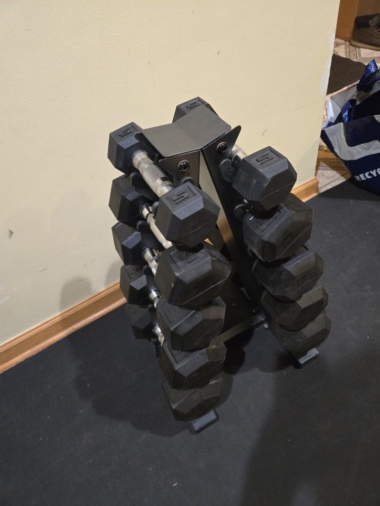 5lb Thru 25lb Rubber Hex Dumbbell Set With Rack
