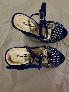 ALBA Blue Suede Rhinestone Stud Open Toe Ankle Strap Wedge
