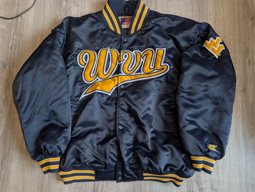 Vintage West Virginia University WVU Mountaineers Satin Varsity Jacket Navy  NCAA
