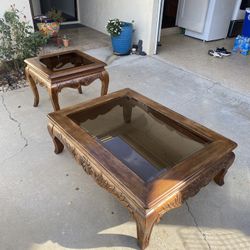 Solid Wood Coffee Table & End Table Set; Glass Top, Carved Detail