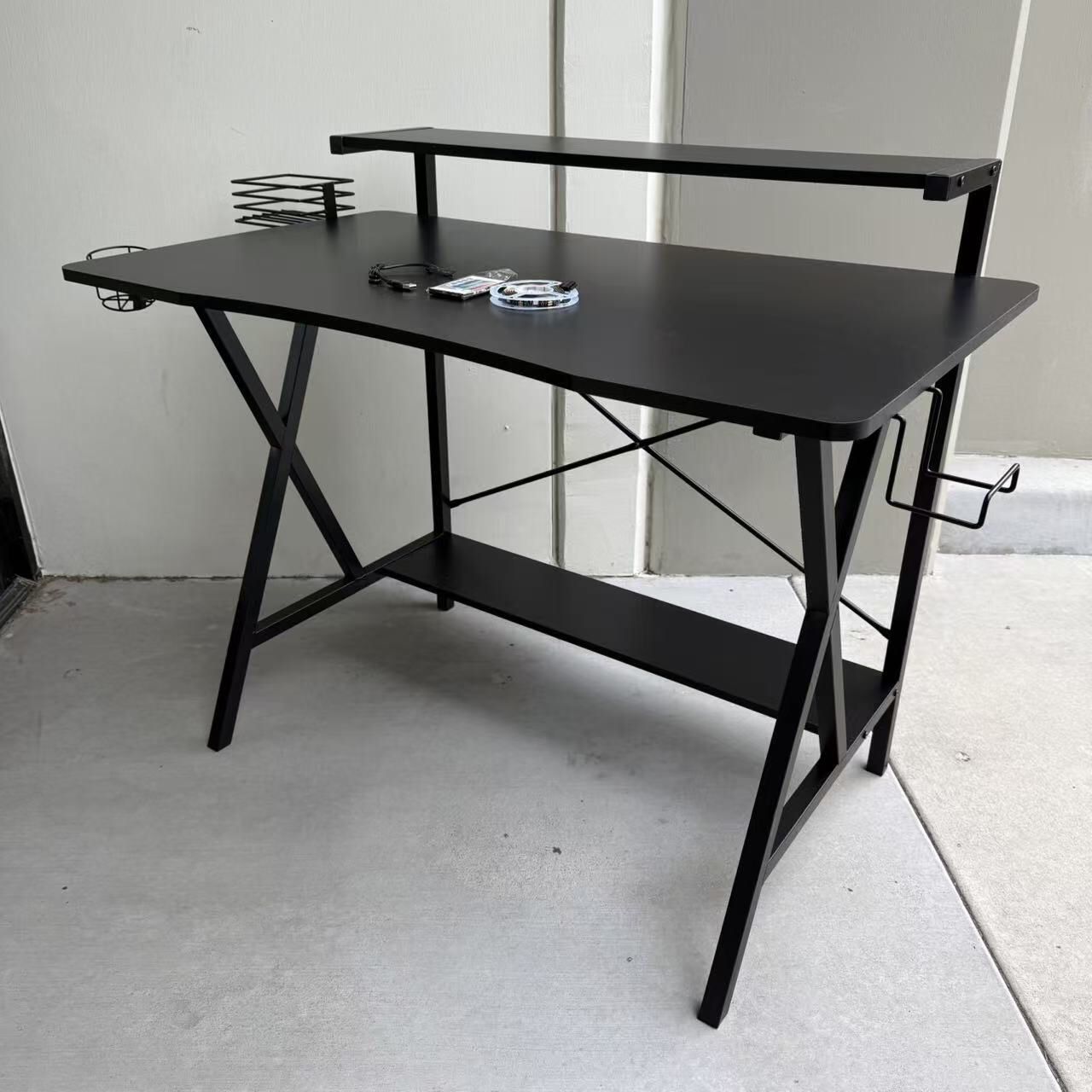 New In Box 42x24x35 Inch Tall Double Tier Gaming Gamer Game Desk Black Color Office Table With LED Light 