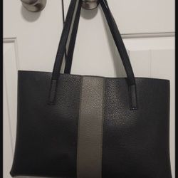 Vince Camuto Vegan Leather Tote Black Purse With Gray Stripe Laptop Bag 17”x12”
