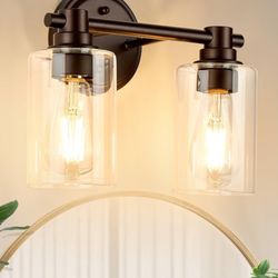 Bathroom Light Fixtures Wall Sconce Light with Clear Glass Oil Rubbed Bronze 2 Lights Bathroom Lighting Over Mirror Vanity Lights for Living Room,Bedr
