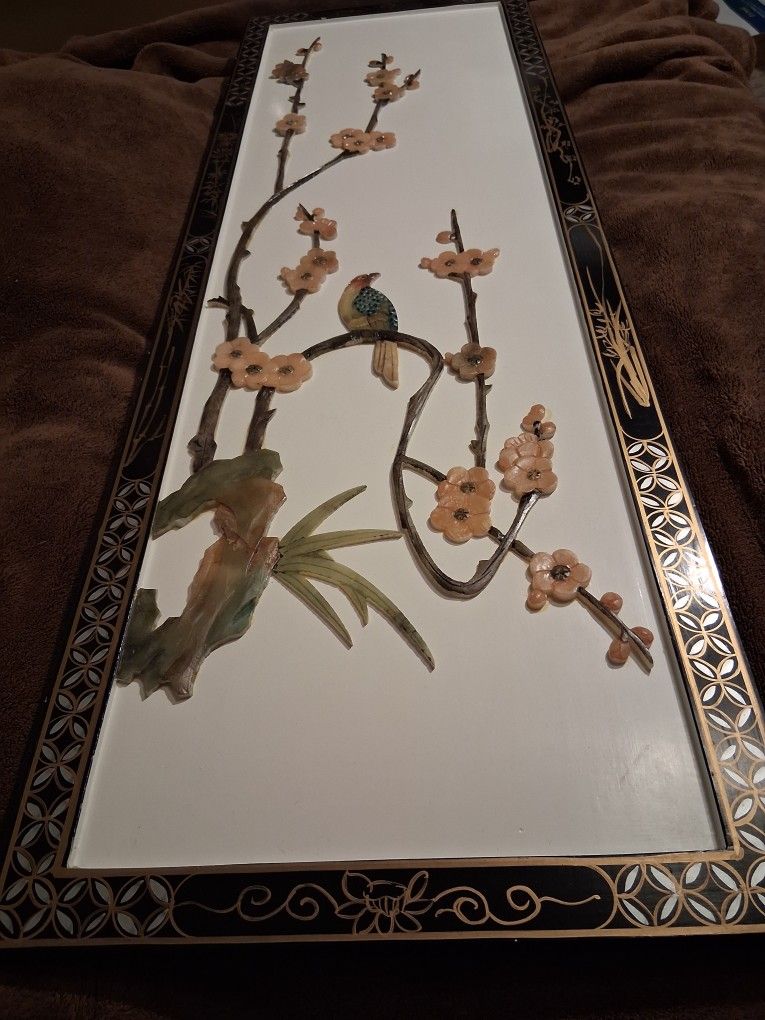 Vintage Oriental Carved Soapstone wall panel 36 x 12