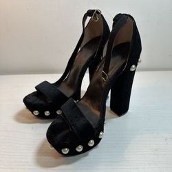 isabel marant heels Black Velvet Pearl Beads Chunky Shoes