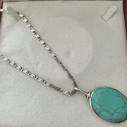 Vintage Sterling Silver 925 Mexico Turquoise 2.25” Pendant with sterling chain