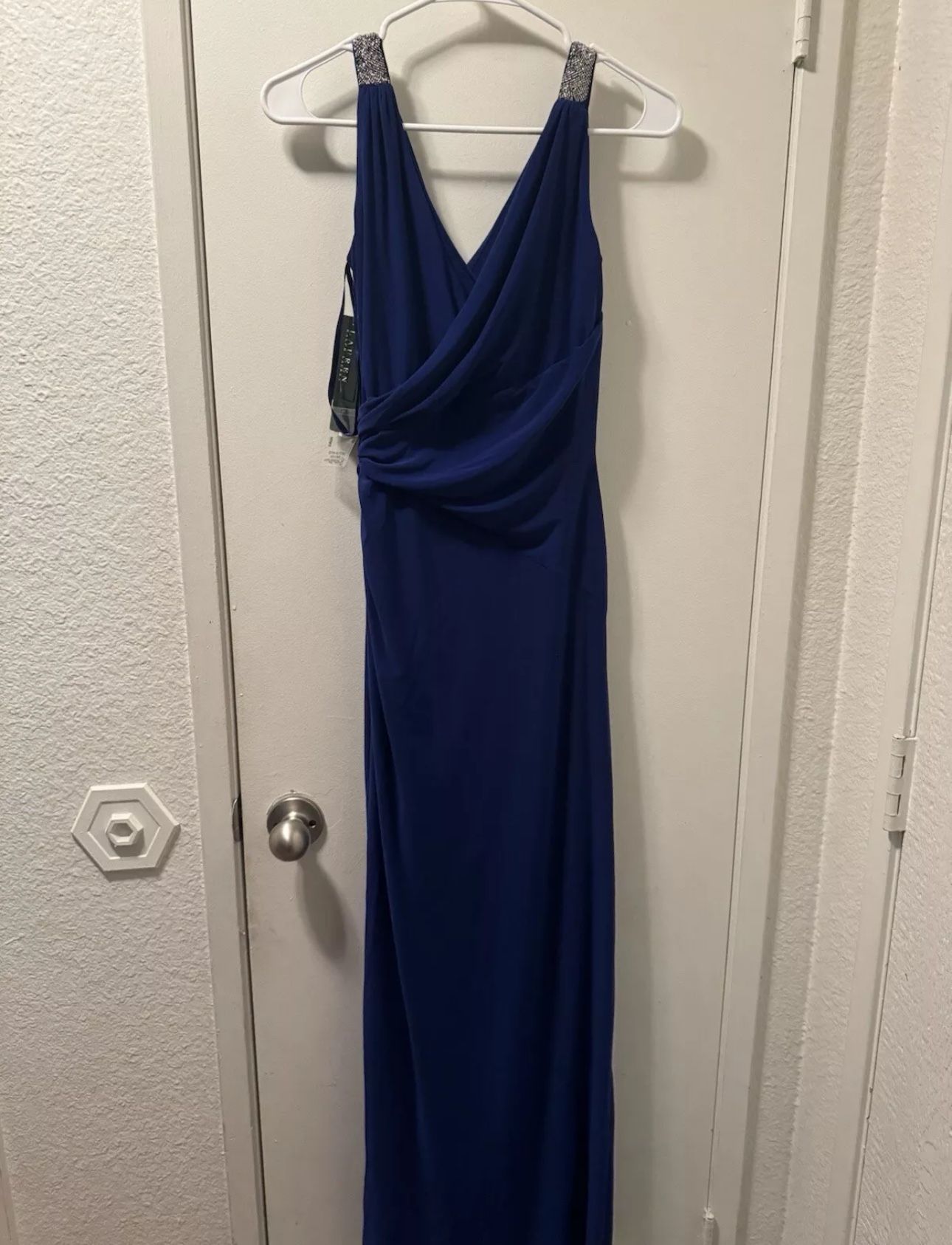 Ralph Lauren Evening Royal Blue Lace Stretch Gown Size V Neck