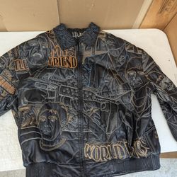 Scarface Hind Embroidered Black Leather Jacket 3XL