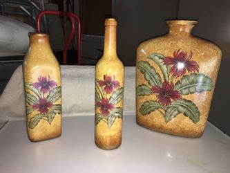 3 pc set decorative vases. Nice, mustard color with red flowers, greens and gold trim.