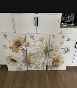 Yellow Water Color, Yellow Wildflower Paintings Set Up Three Canvas