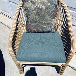 Tropical Beach Cottage Boho Rattan Chair by Shelby Williams furniture company green upholstery. Tropical floral pillow to match. Vintage 80’s.