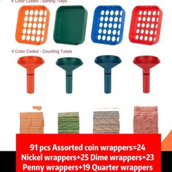 4 Color-Coded Coin Sorting Trays & 4 Sorters with 91 Assorted Flat Coin Wrappers - ABA Standard Coin Organizer for US Currency, Red, Blue, Green, Ora