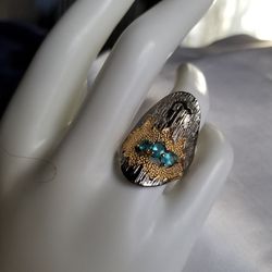 Dark Metal, gold and aquamarines unusual Ring size 8