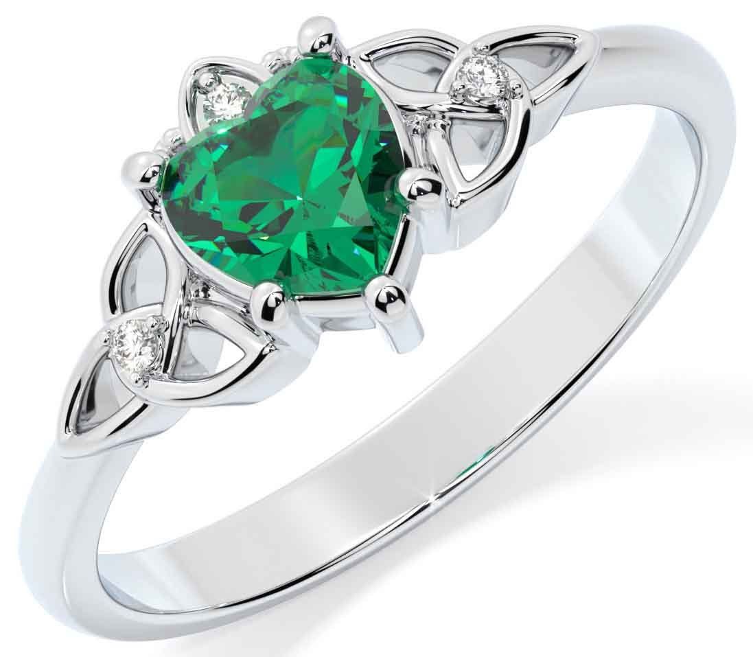 White Gold Diamond Emerald Claddagh Celtic Trinity Knot Ring