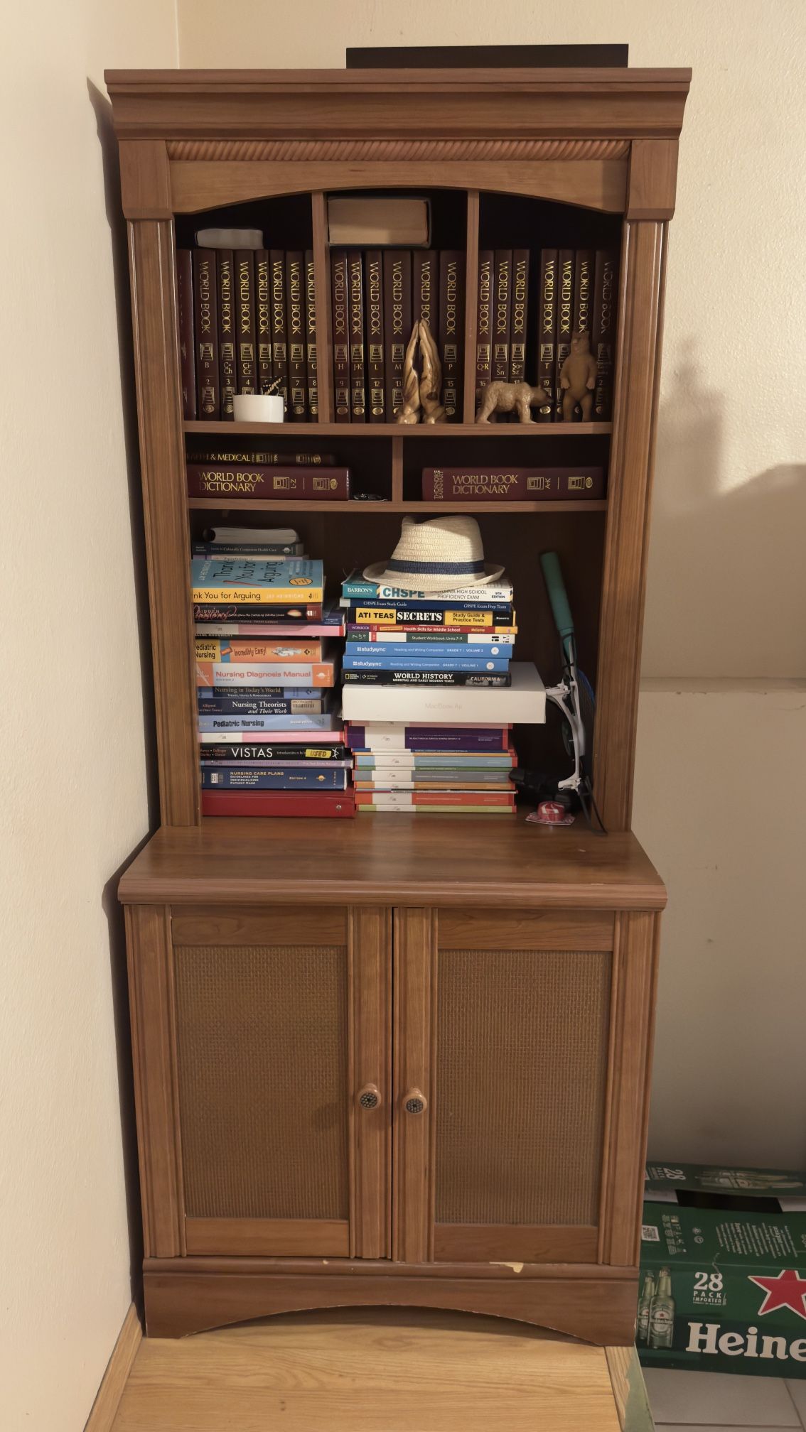 Vintage Wood Bookcase Cabinet with Shelves and Storage Doors
