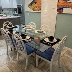 Glass And Chrome 80” X 40” Dining Table And Chairs 
