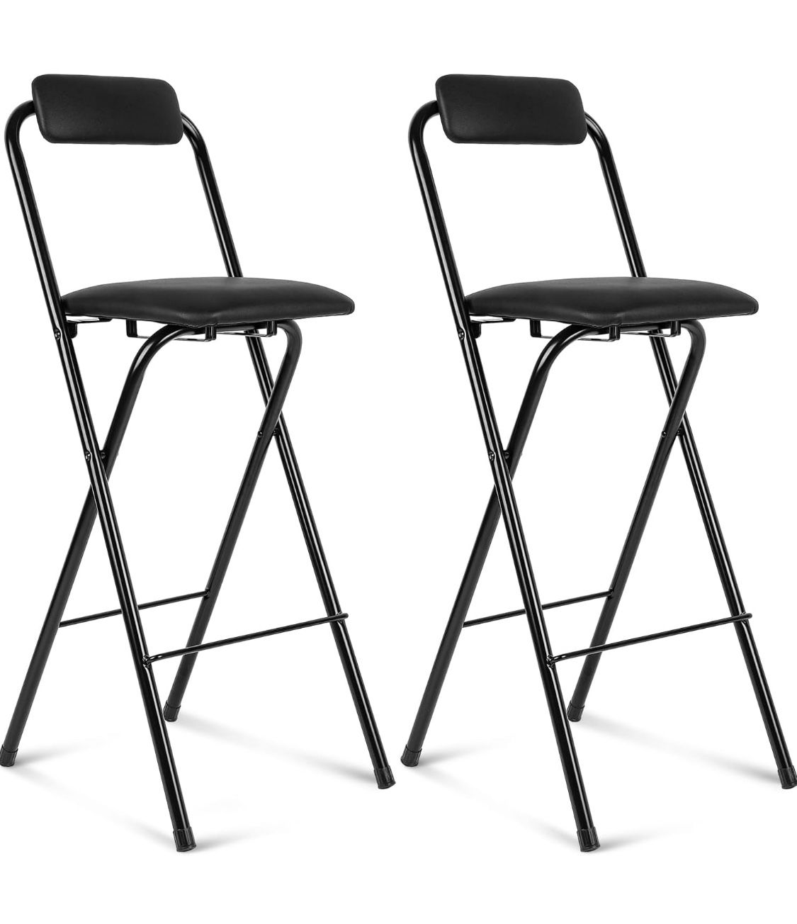 Thyle 2 Pcs Folding Bar Stool, Black, 27.5 Inch, Leather Padded Tall Foldable Stool Chair with Backrest High Folding Bar Chair Counter Height Seat Por