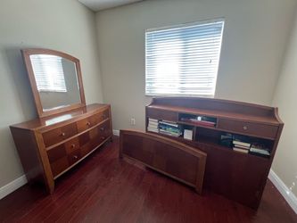 Wood Dresser with Mirror and full size bed frame without mattress