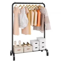 Clothes Rack, Heavy Duty Clothing Garment Rack with Hanging Rod and Bottom Storage Area, Clothing Rack Black
