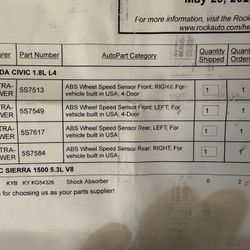 ABS wheel Speed Sensors For 2010 Honda Civic