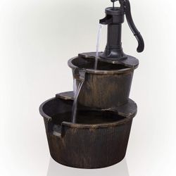 Alpine Corporation 27" Tall 2-Tier Barrel and Pump Waterfall Fountain, Bronze Finish