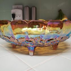 VINTAGE INDIANA AMBER CARNIVAL GLASS LARGE OVAL FOOTED FRUIT BOWL