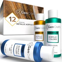 GenCrafts Metallic Acrylic Pouring Paint 12 Colors Pre-Mixed High Flow & Ready to Pour - 2 oz./60 ml Bottles - Multi-Purpose Paints for Canvas, Paper,