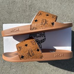 MCM Visetos Slide Sandals Cognac Brown | Designer Luxury | Men's