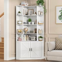 Corner Bookshelf with Doors, 6 Tier Corner Bookcase with Storage Cabinet, White L-Shaped Book Shelf with 8 Open Racks , Farmhouse Etagere Bookshelf wi