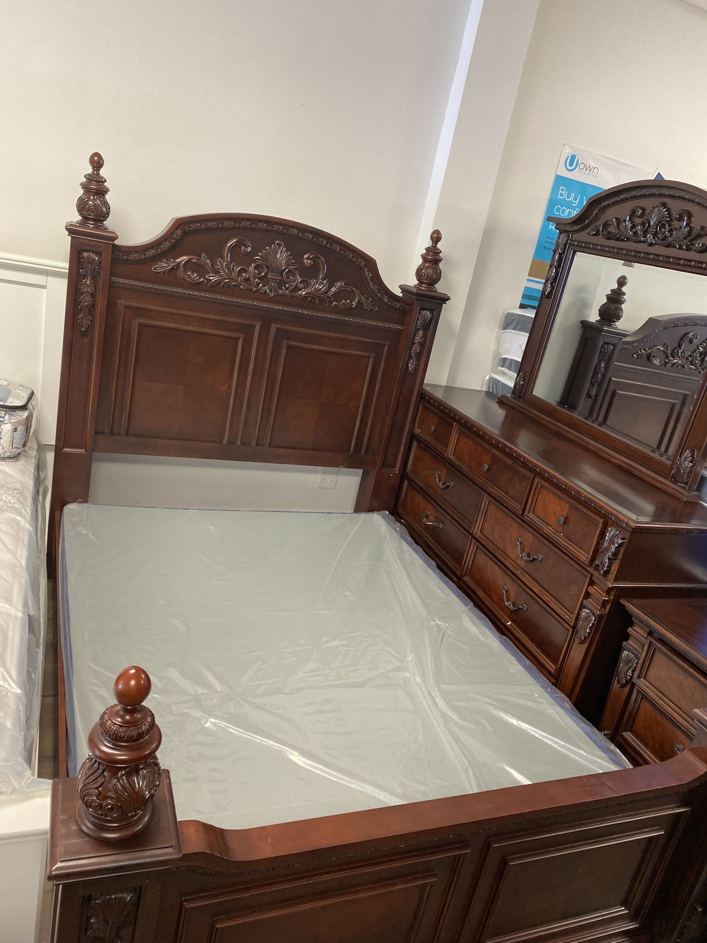 Queen bed dresser mirror and night stand