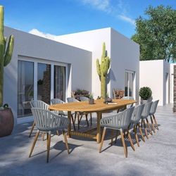 BRAND NEW Extendable Oval Deluxe Outdoor Furniture 11 Piece 100% FSC Certified Teak Wood White Grey Chair Dining Set