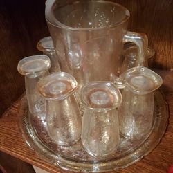 Vintage Pitcher With Serving Tray And Glasses