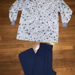Large womens Scrub Set Cherokee Pants Top Nurse Dental Medical Blue White Floral Flowers 2 Piece Wor