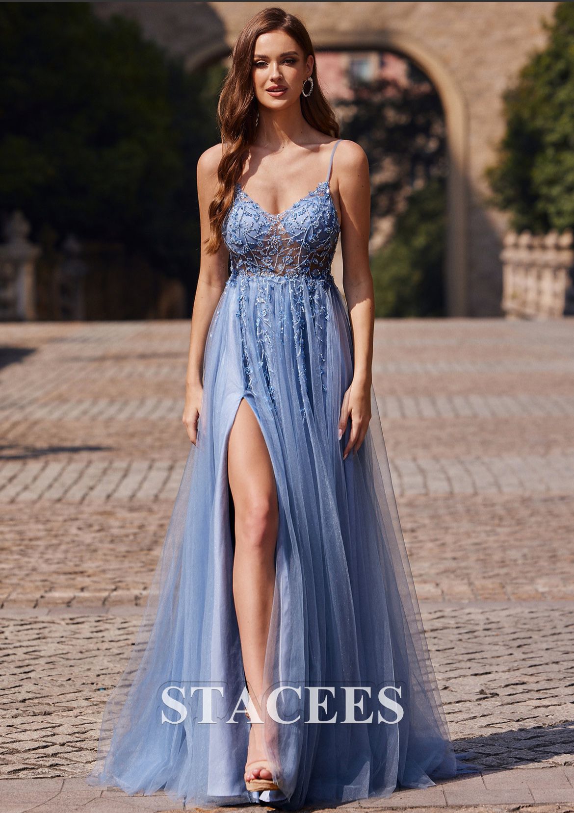 A-line V Neck Sweep Train Tulle Prom Dress with Beading Sequins Split
