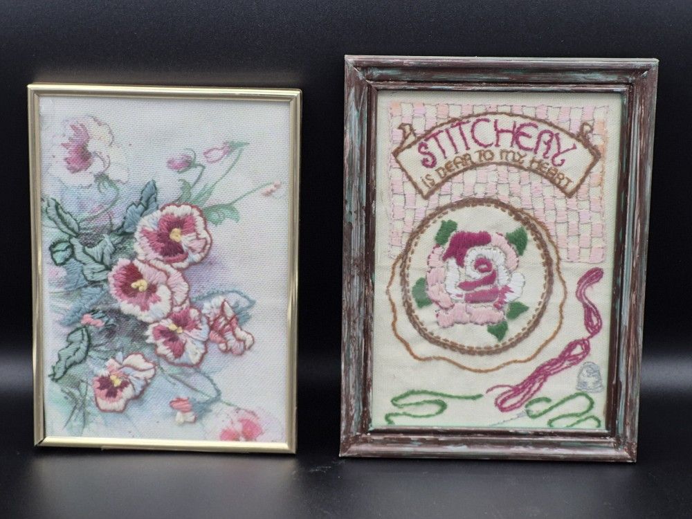 Set Of 2 Vintage Framed Hand Embroidered Pictures