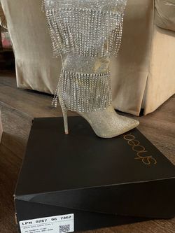 Shoedazzle Alekto Silver Crystal Fringe Heeled Boots