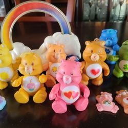 7 Poseable Care Bears Plus 3 Magnets And 1 Keychain, With Cloud Rainbow Car